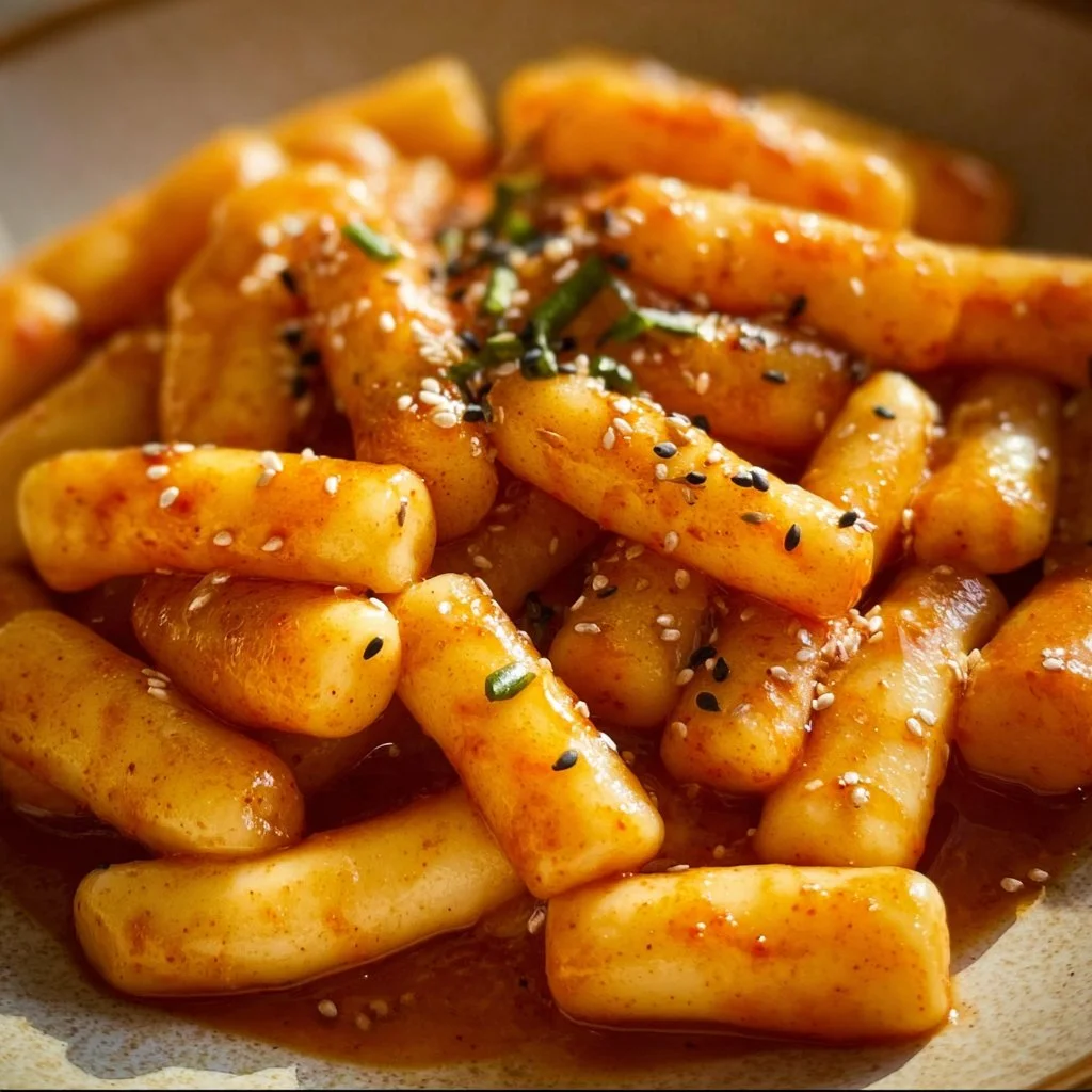 Honey butter tteokbokki served in a bowl with toppings