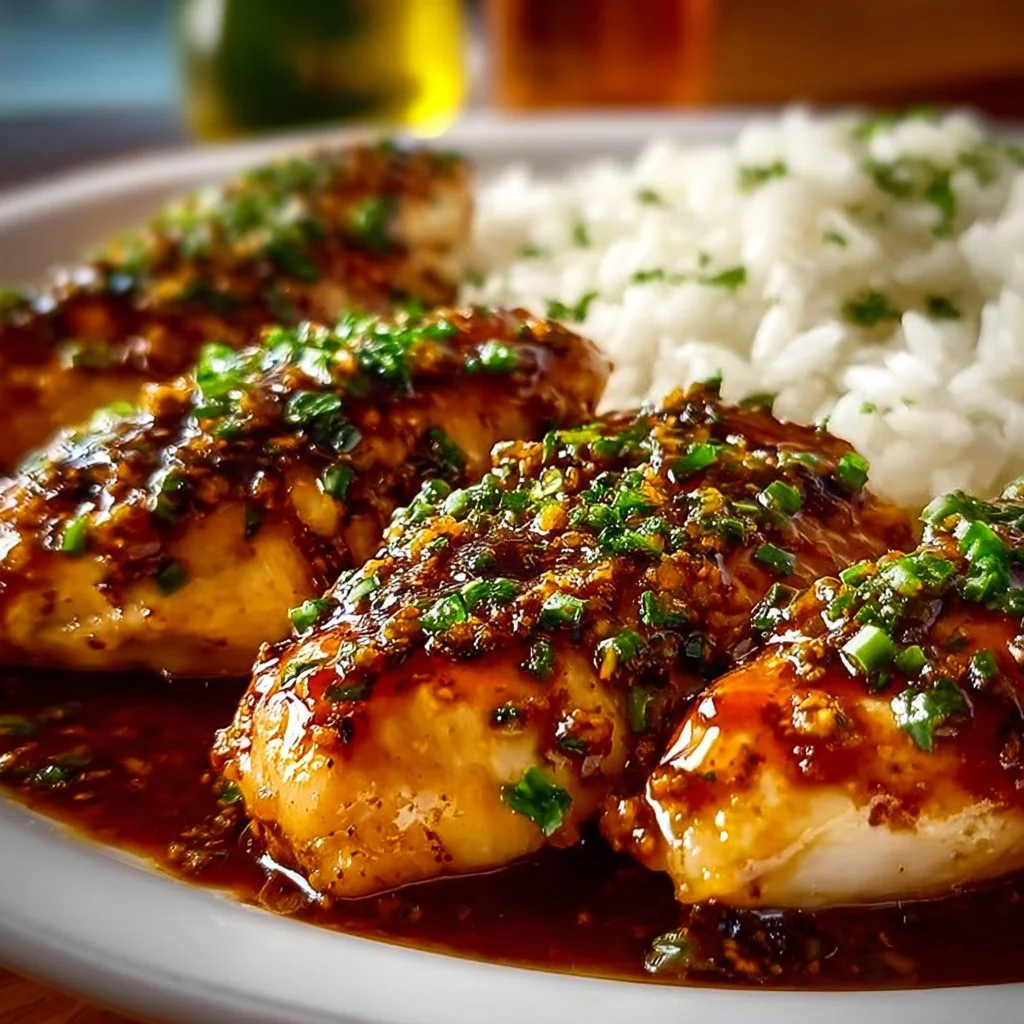 Honey Garlic Chicken Breasts served on a plate with a side of vegetables