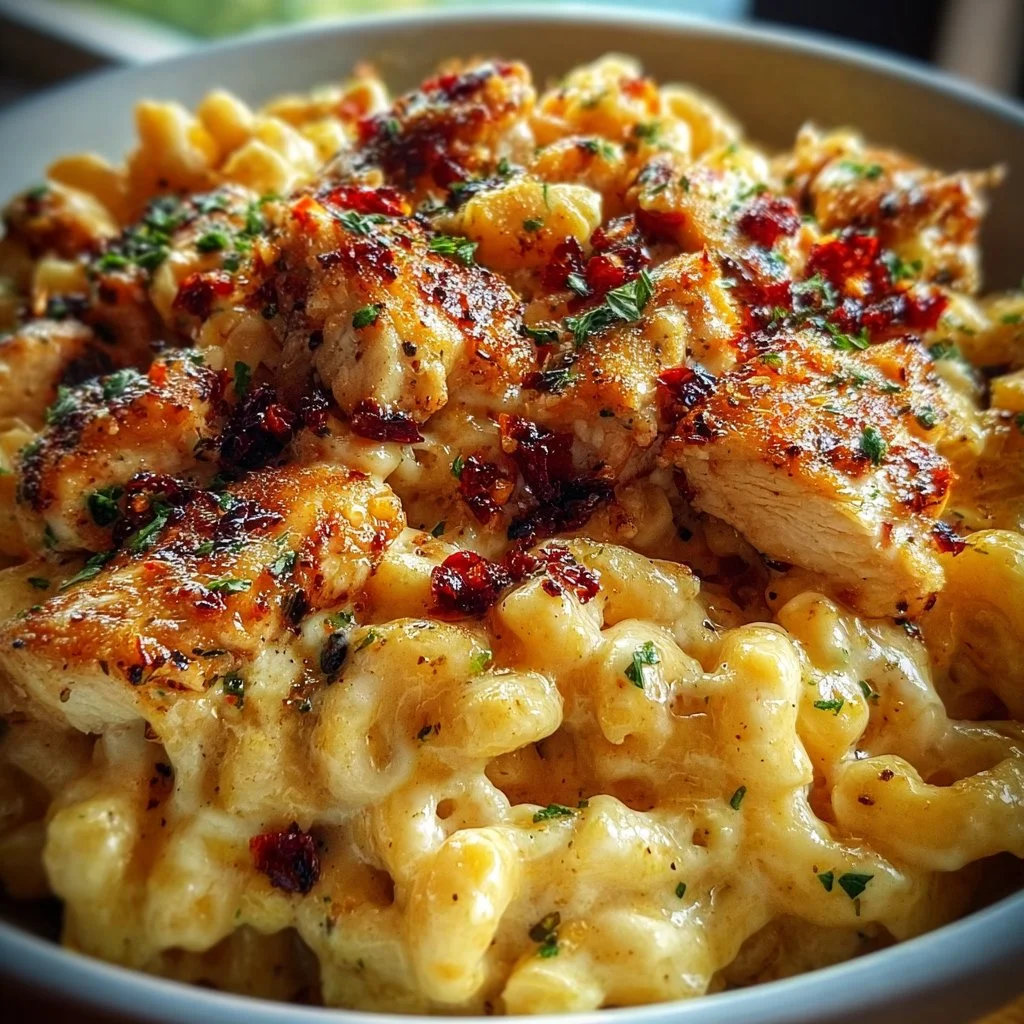 Honey Pepper Chicken Mac and Cheese topped with herbs and spices