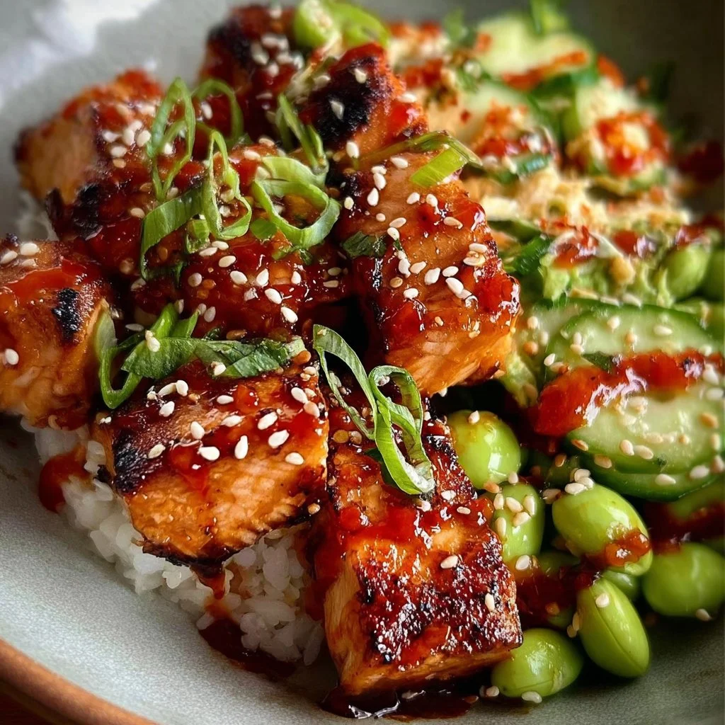 Honey Sriracha Salmon Bowls with vibrant vegetables and rice in a bowl