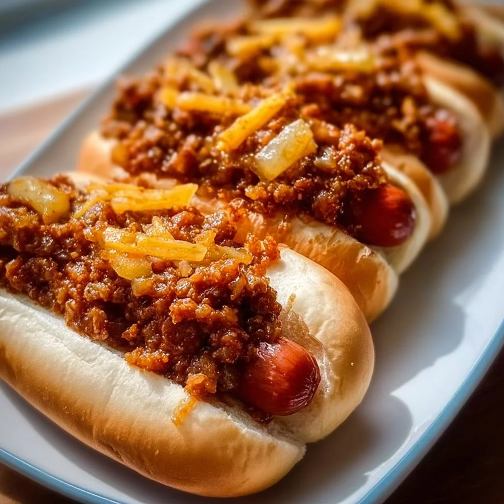 Bowl of hot dog chili topped with onions and cheese, served with grilled hot dogs.