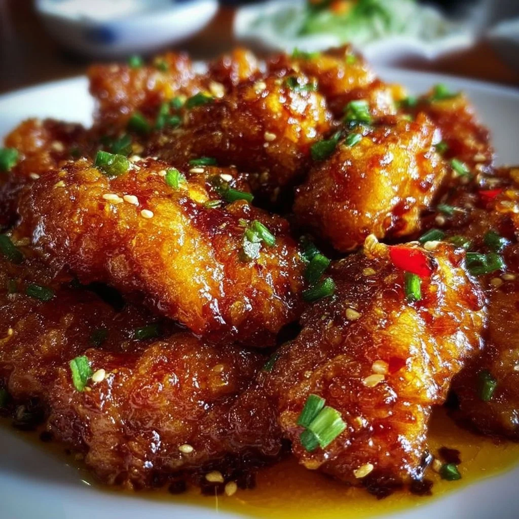 Plate of hot honey chicken garnished with herbs and served with sides