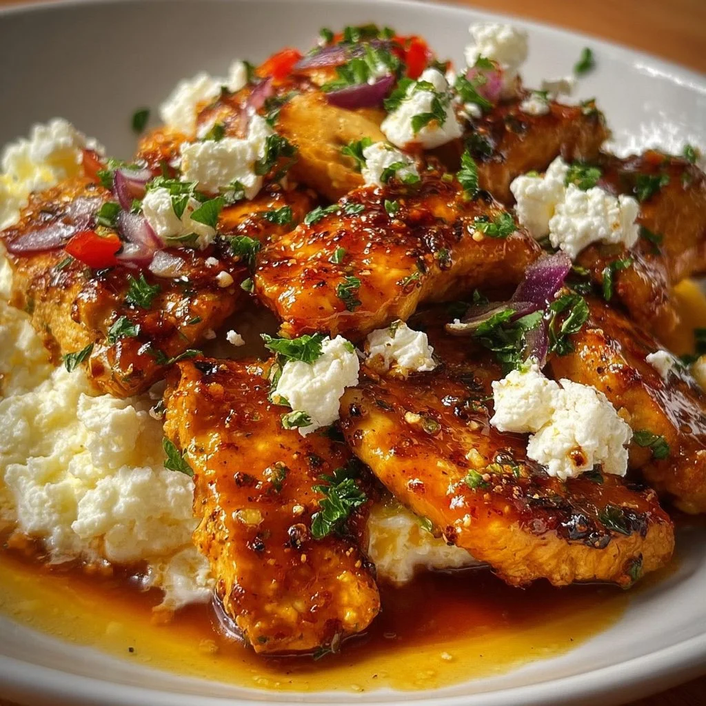 Delicious Hot Honey Feta Chicken served on a plate with herbs and spices.
