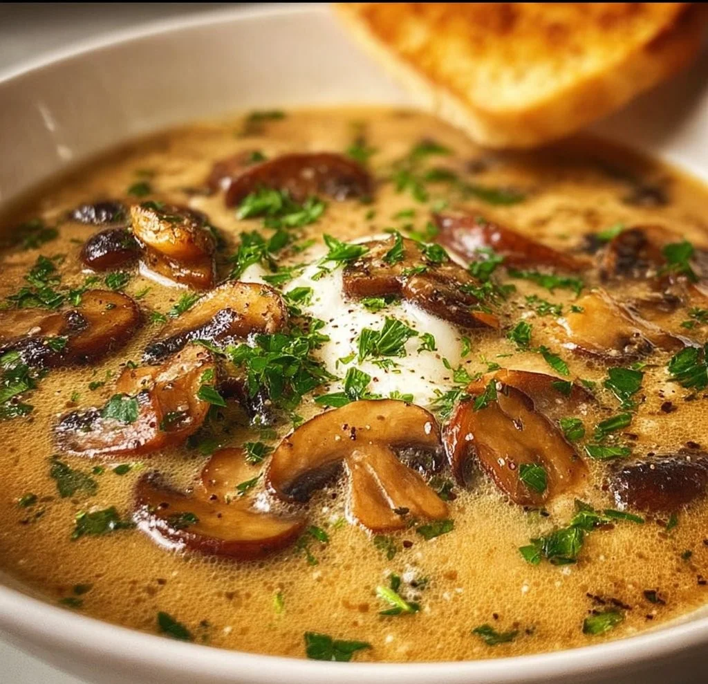 Bowl of rich Hungarian Mushroom Soup with fresh herbs and mushrooms