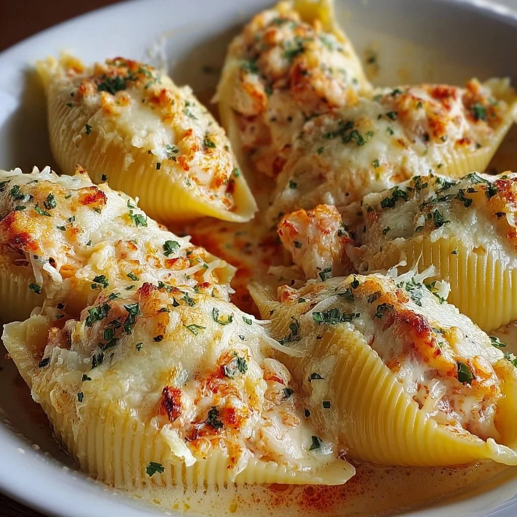 Indulgent seafood stuffed shells served with a creamy sauce.