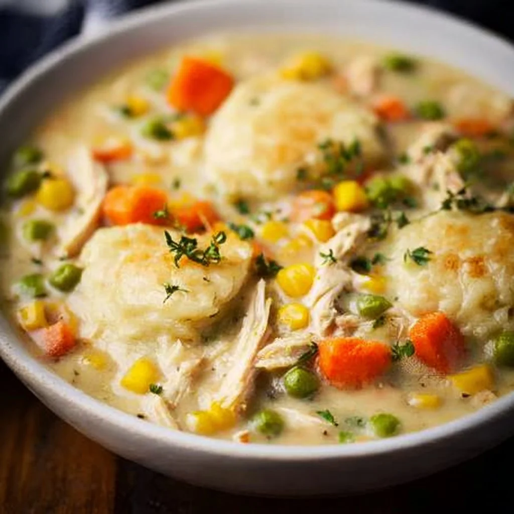 Bowl of Instant Pot Chicken Pot Pie Soup garnished with herbs