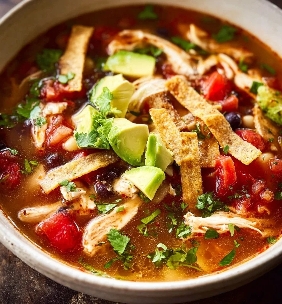 Instant Pot Chicken Tortilla Soup served with fresh toppings