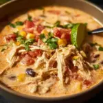 Bowl of Instant Pot creamy chicken taco soup topped with cheese and cilantro