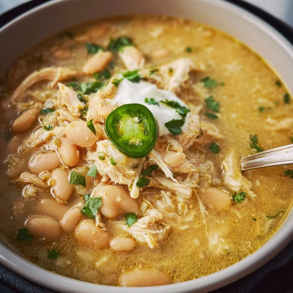 Bowl of creamy Instant Pot white chicken chili topped with cilantro and avocado