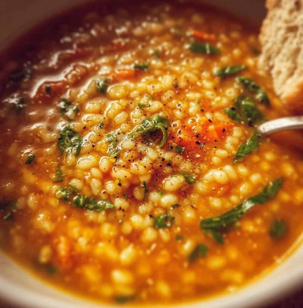Bowl of Italian Pastina Soup with fresh herbs and vegetables