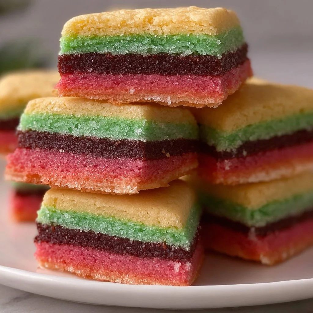 Italian Rainbow Cookies stacked on a white plate, showcasing vibrant colors.
