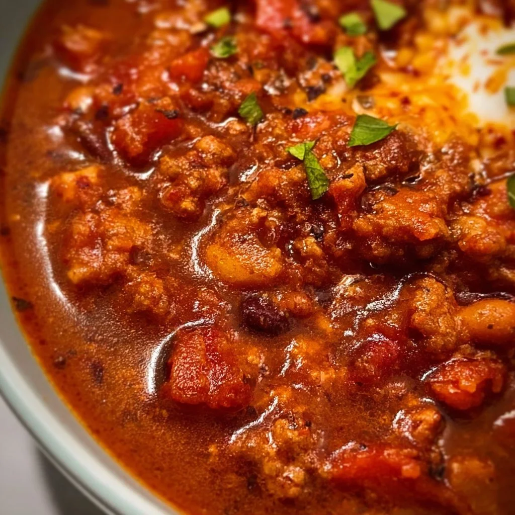 Bowl of hearty Italian Sausage Chili topped with fresh herbs