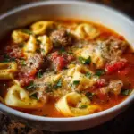 Bowl of hearty Italian Sausage Tortellini Soup with fresh herbs and spices