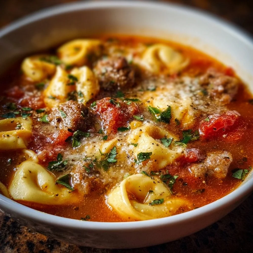 Bowl of hearty Italian Sausage Tortellini Soup with fresh herbs and spices