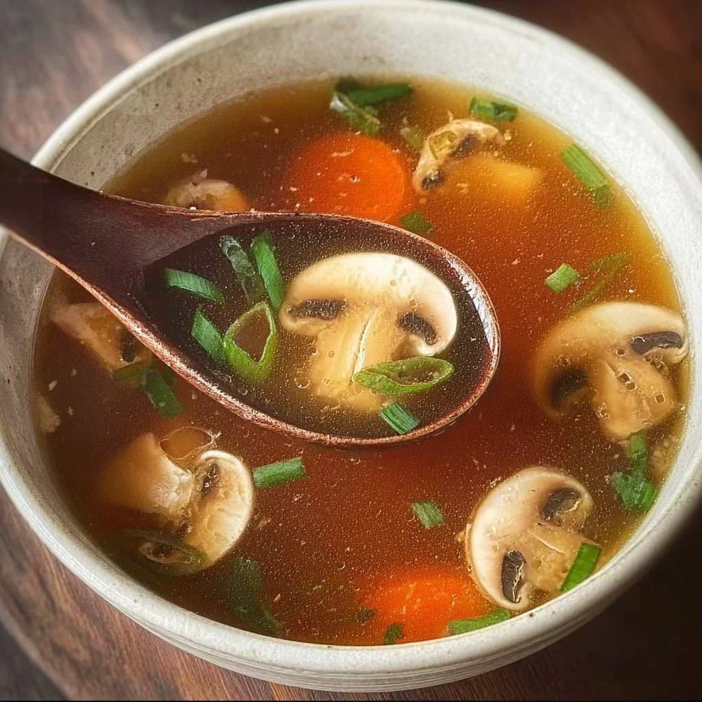 A bowl of Japanese clear soup garnished with fresh herbs and vegetables.