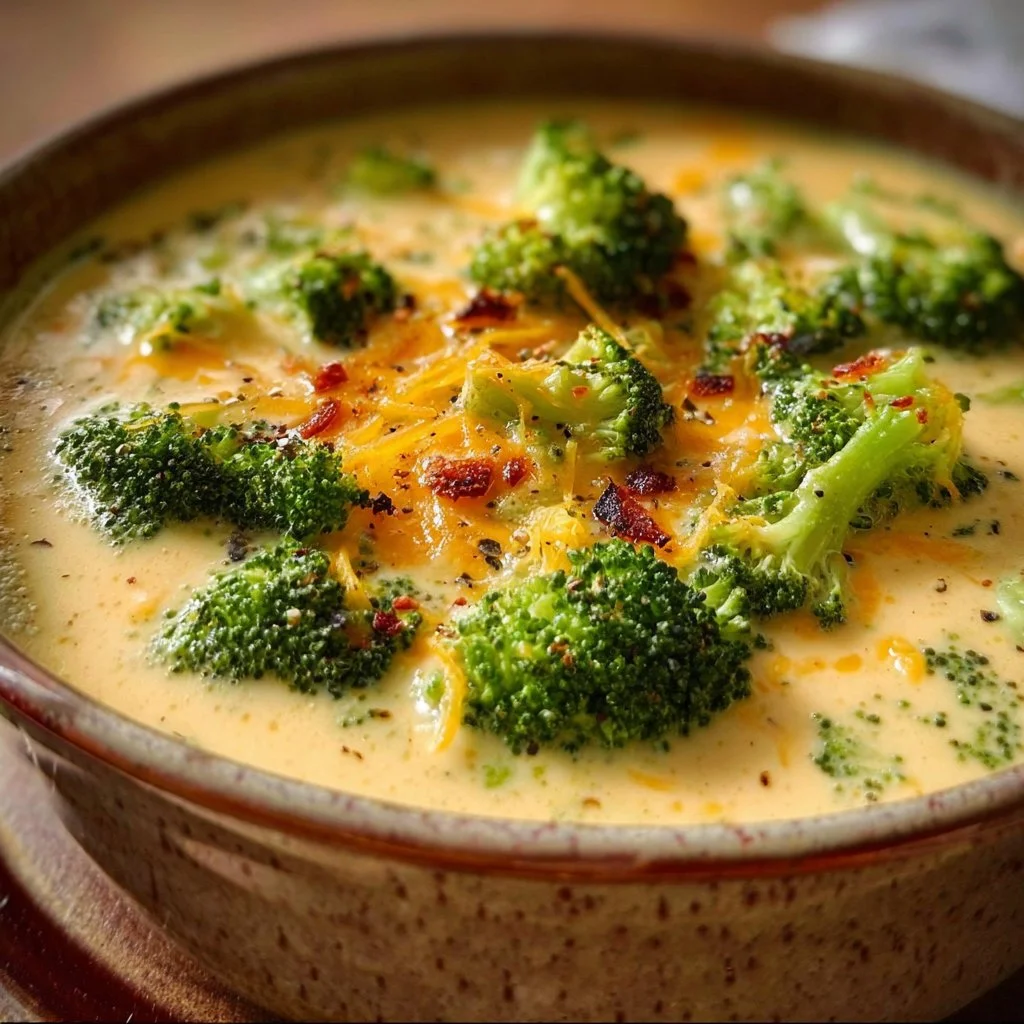 Bowl of Keto Broccoli Cheese Soup with broccoli and cheese toppings