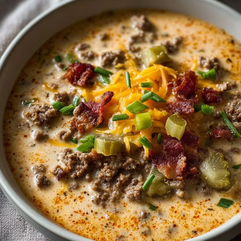 Bowls of creamy Keto Cheeseburger Soup garnished with cheese and herbs