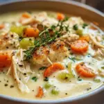 Bowl of Keto Chicken Pot Pie Soup garnished with herbs