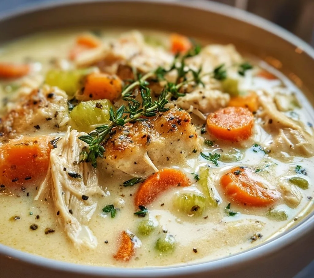 Bowl of Keto Chicken Pot Pie Soup garnished with herbs