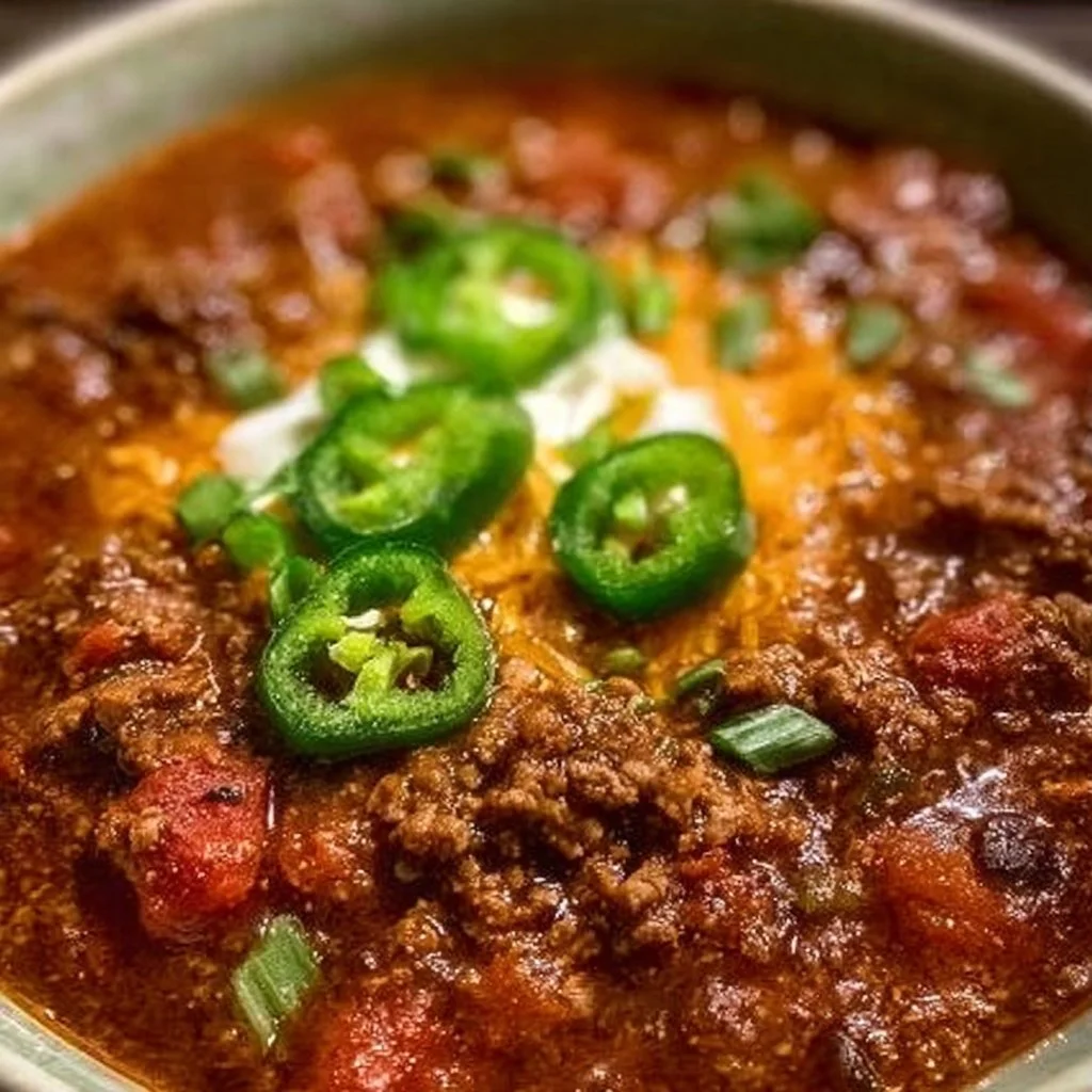 Delicious bowl of Keto Chili garnished with cilantro and avocado.