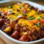 Delicious Keto Chili Dog Casserole served in a baking dish