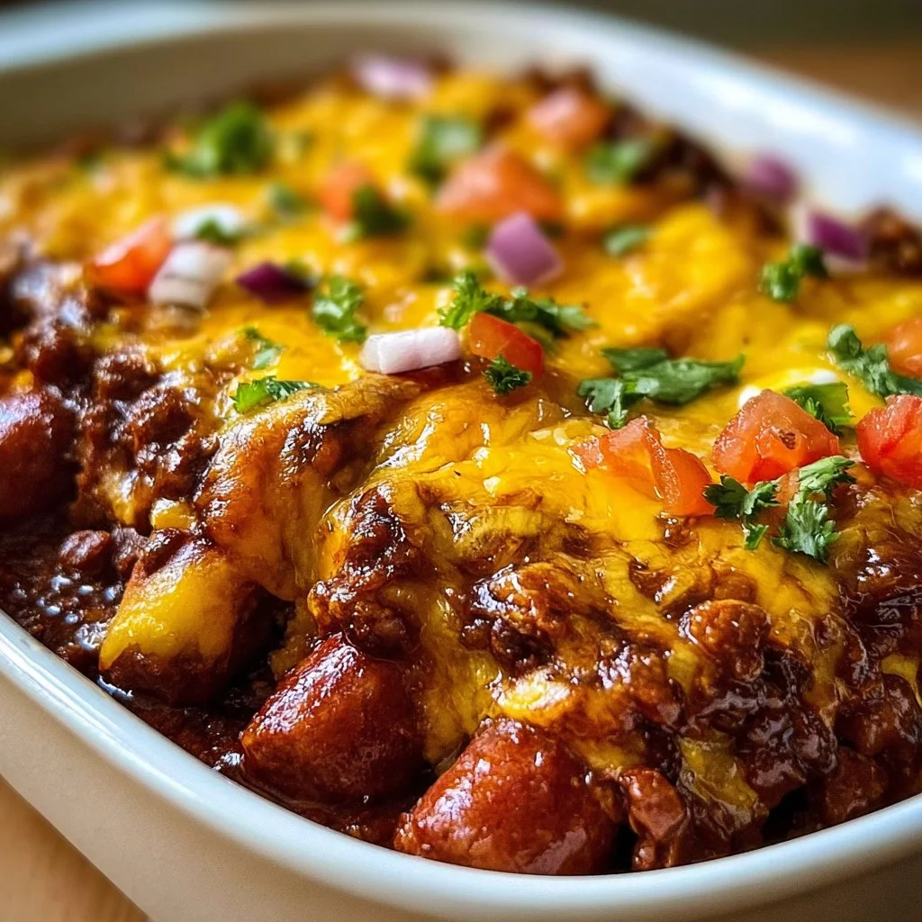 Delicious Keto Chili Dog Casserole served in a baking dish