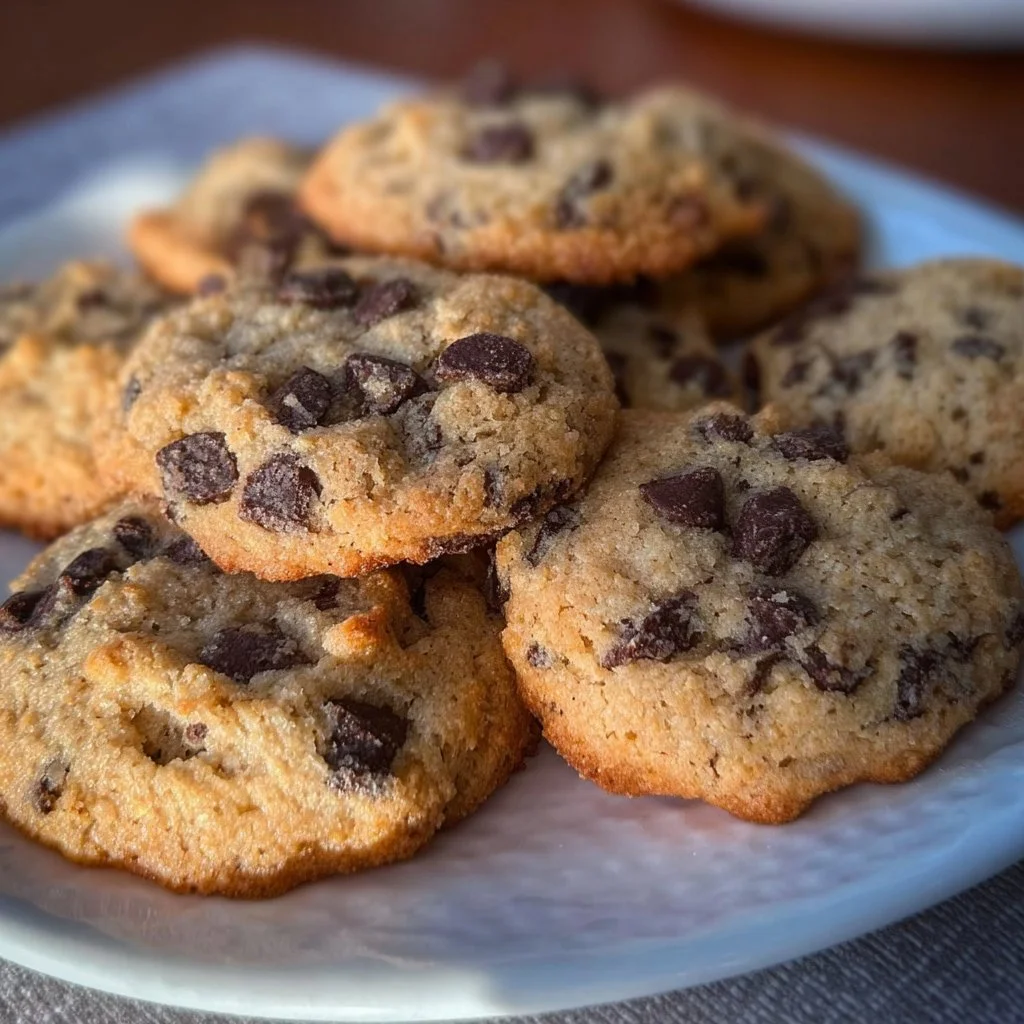 Plate of homemade Keto Chocolate Chip Cookies with chocolate chips