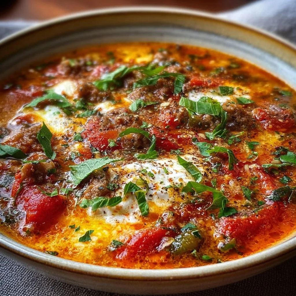 Bowl of Keto Lasagna Soup garnished with fresh herbs