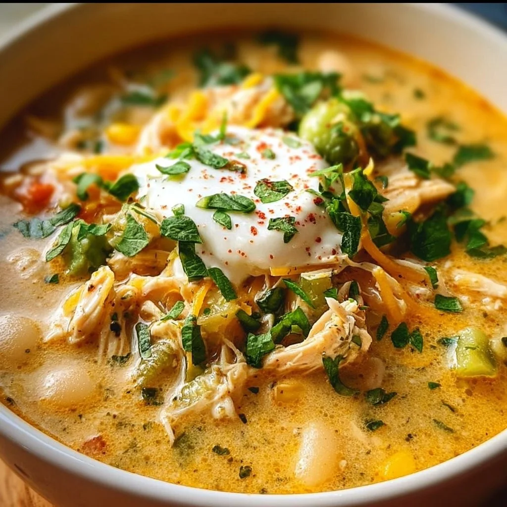 Bowl of Keto White Chicken Chili topped with fresh herbs