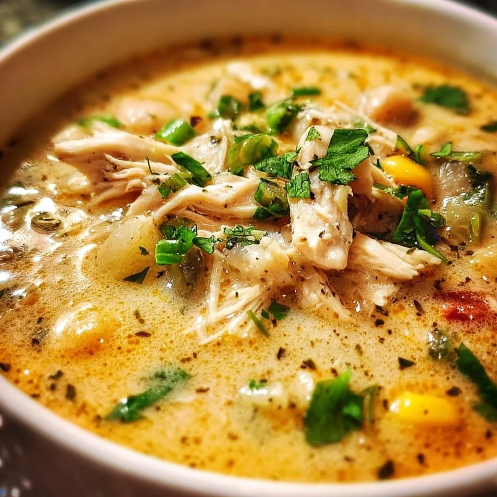Delicious bowl of Keto White Chicken Chili topped with cilantro and cheese.
