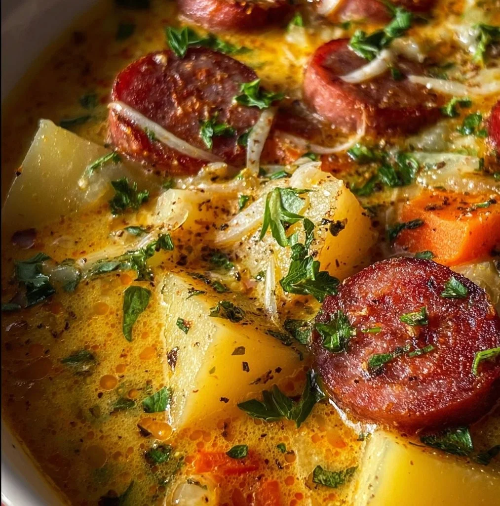Bowl of creamy Kielbasa Potato Soup with potatoes and sausage