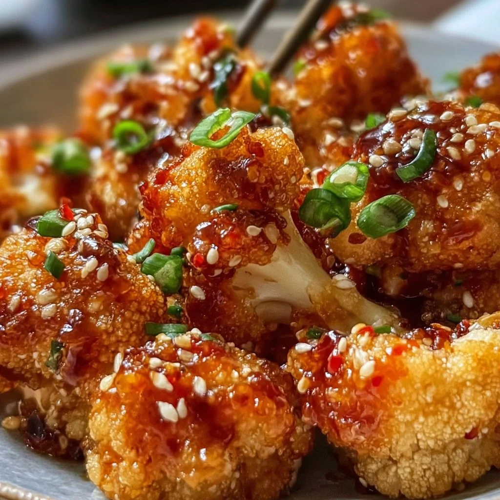 Serving of Korean Baked Cauliflower garnished with sesame seeds and green onions.