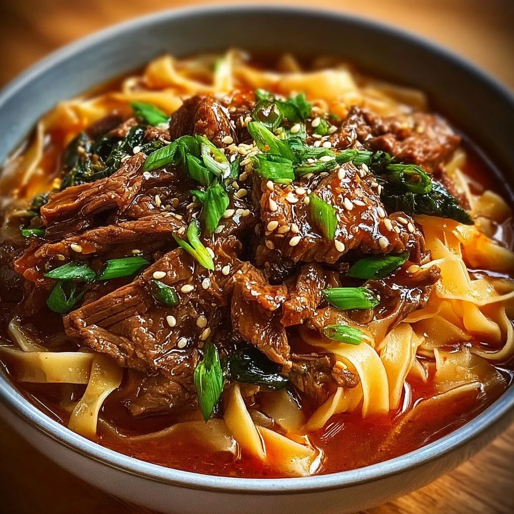 Plate of Korean beef noodles garnished with vegetables and herbs