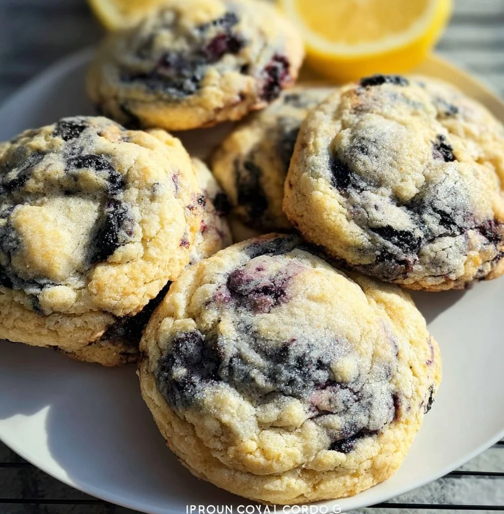 Freshly baked lemon blueberry cookies on a cooling rack