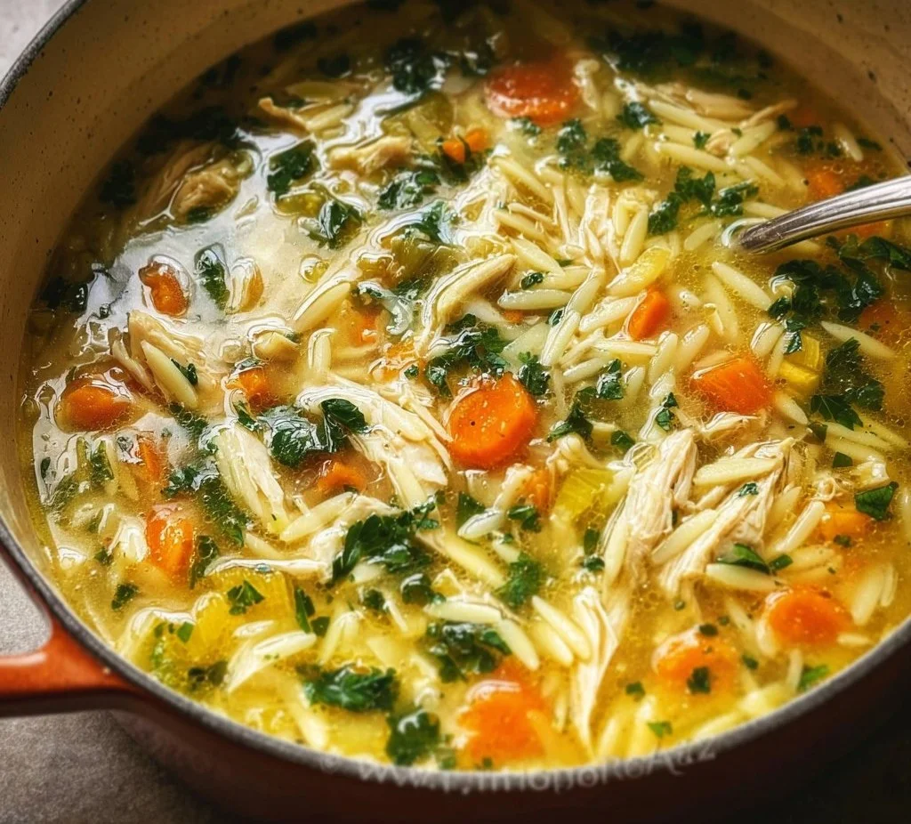 Bowl of Lemon Chicken Orzo Soup with fresh herbs and lemon slices