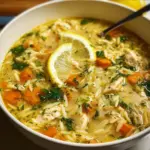 Bowl of Lemon Chicken Orzo Soup with fresh herbs and lemon slices