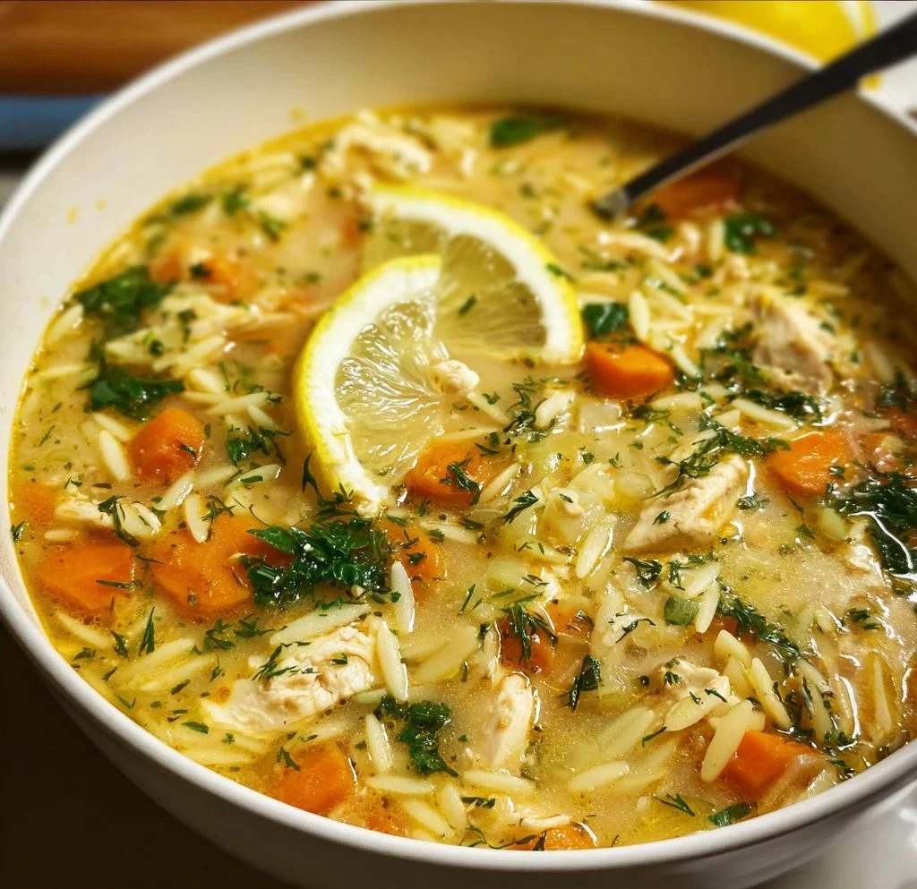 Bowl of Lemon Chicken Orzo Soup with fresh herbs and lemon slices