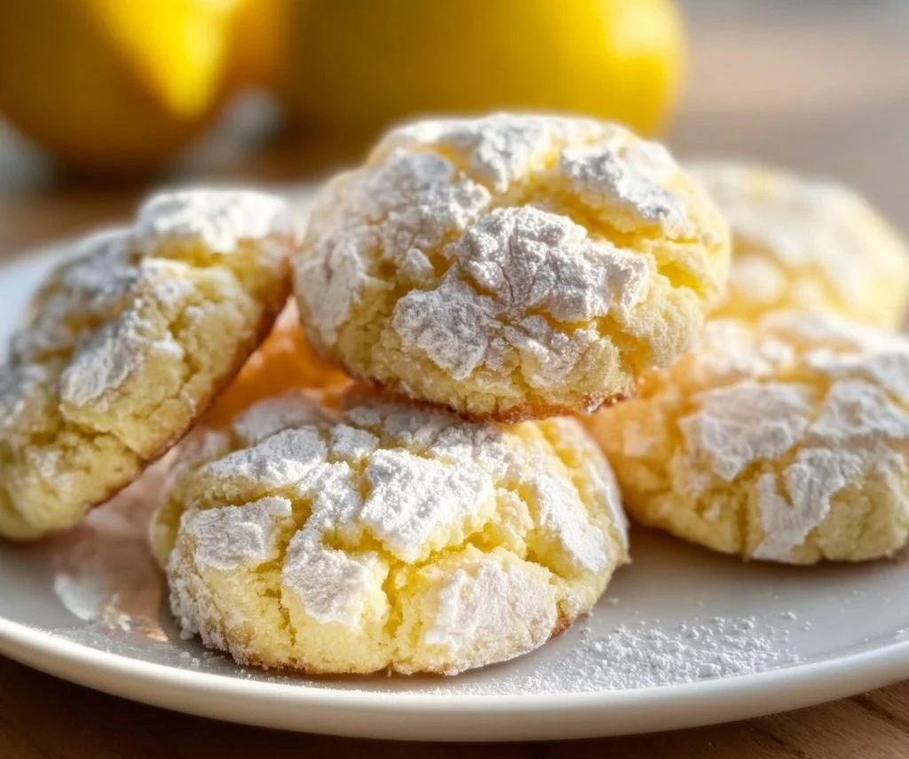 Freshly baked Lemon Crinkle Cookies dusted with powdered sugar.