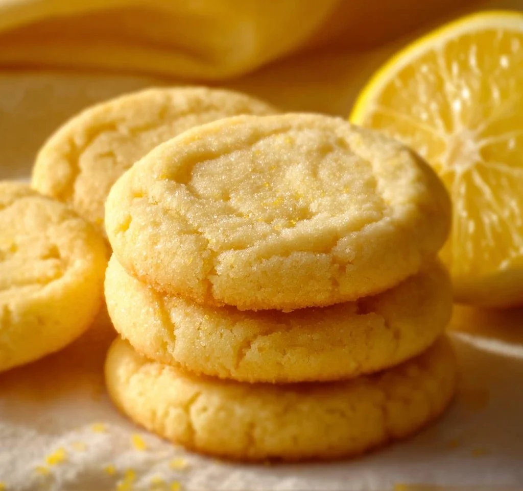 Freshly baked lemon sugar cookies with a sprinkle of sugar on top.