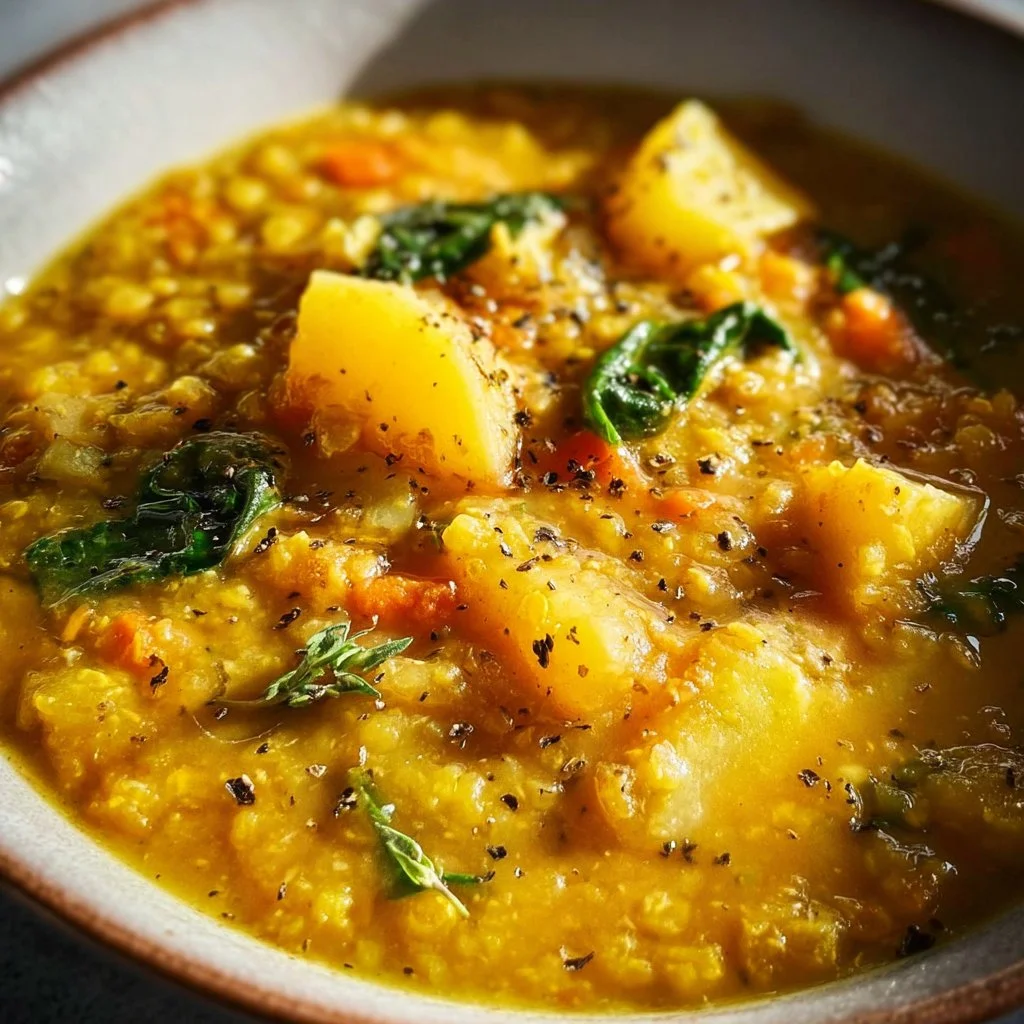 Bowl of hearty lentil potato soup garnished with herbs