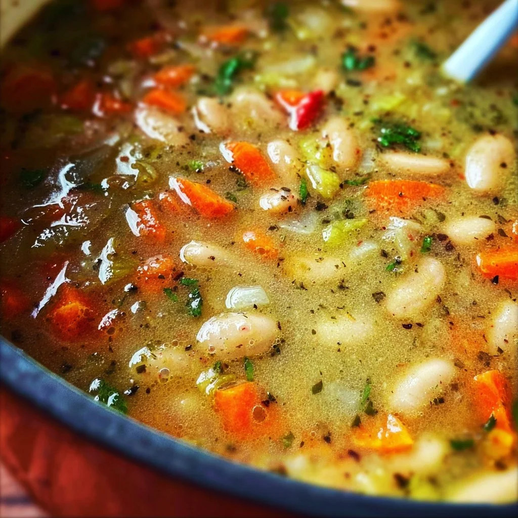 Bowl of homemade Lima Bean Soup with fresh vegetables and herbs