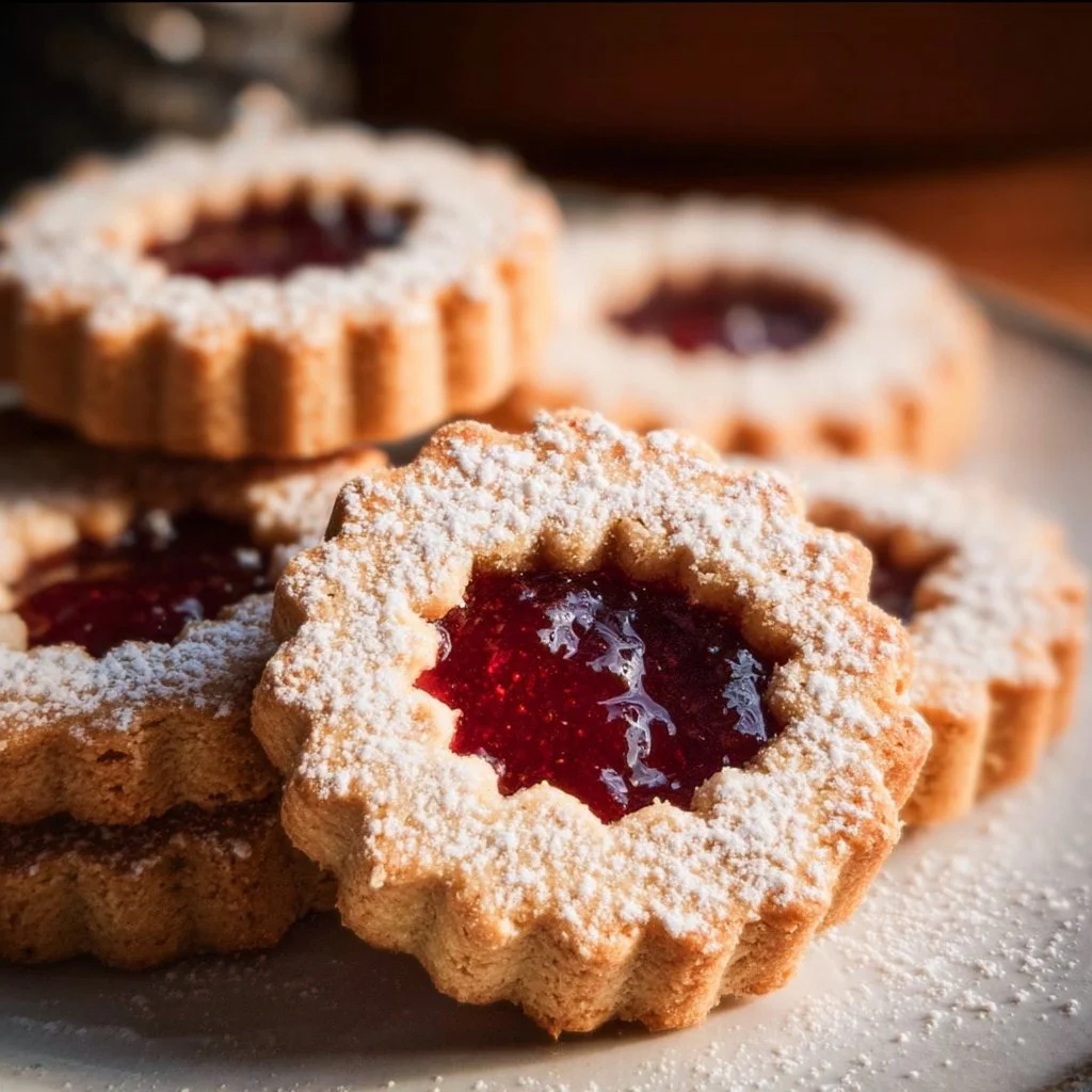 Delicious Linzer cookies with fruit filling on a decorative plate