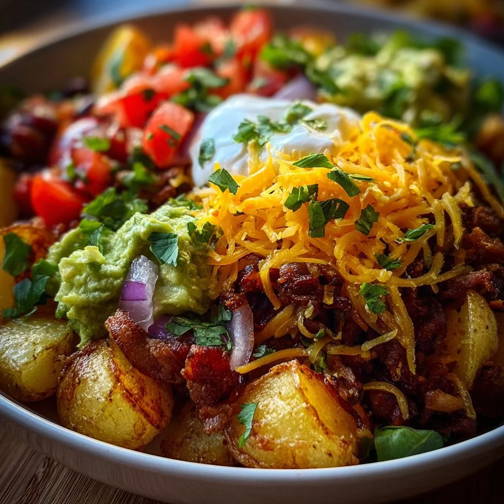 Delicious Loaded Potato Taco Bowl with toppings and fresh ingredients