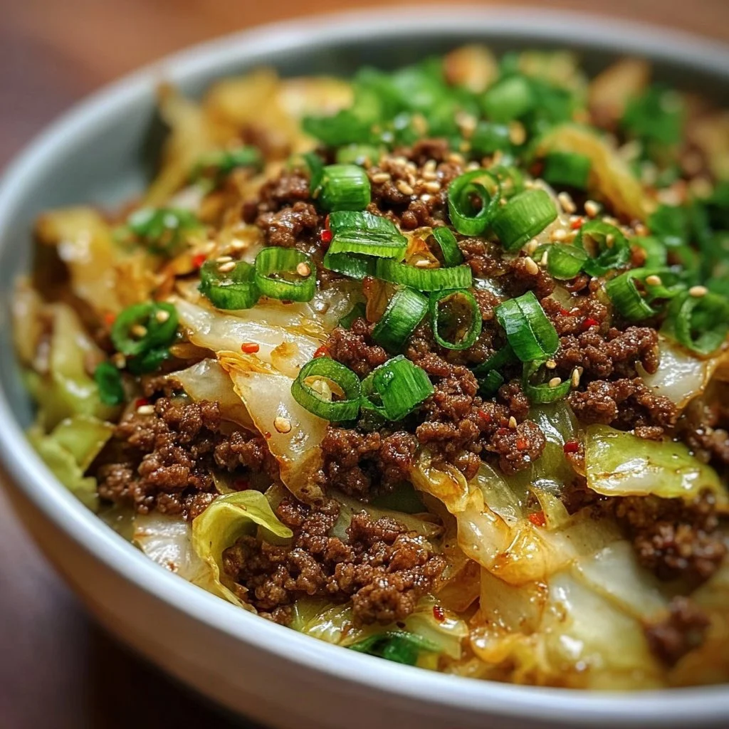 Delicious low-carb Mongolian ground beef and cabbage dish served on a plate