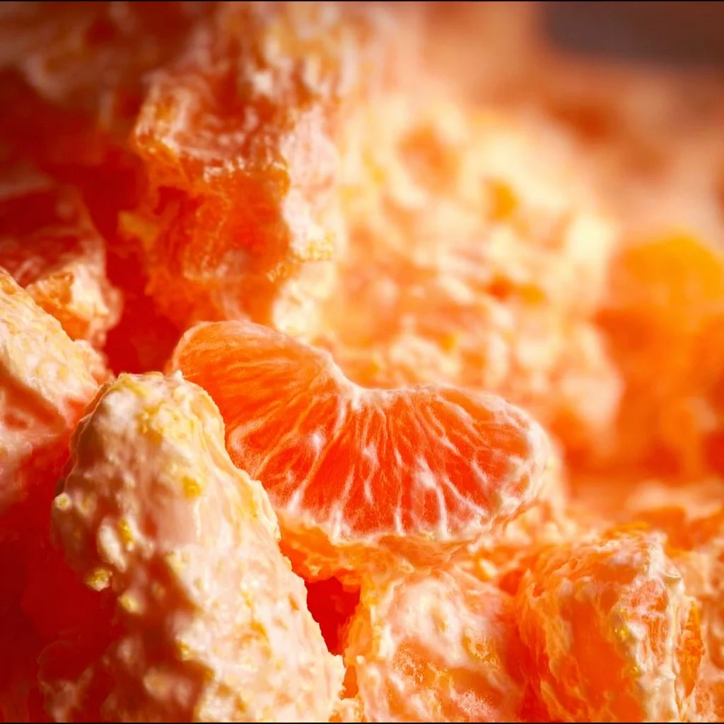 Delicious Mandarin Orange Jello Salad in a glass bowl garnished with oranges
