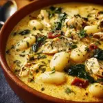 Delicious bowl of Marry Me Chicken Gnocchi Soup garnished with fresh herbs