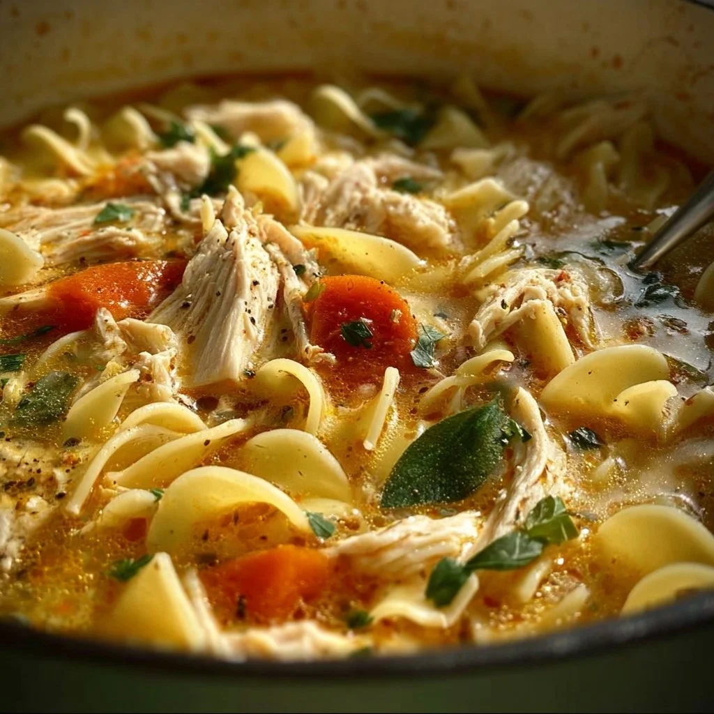 Bowl of Marry Me Chicken Noodle Soup with fresh herbs and noodles