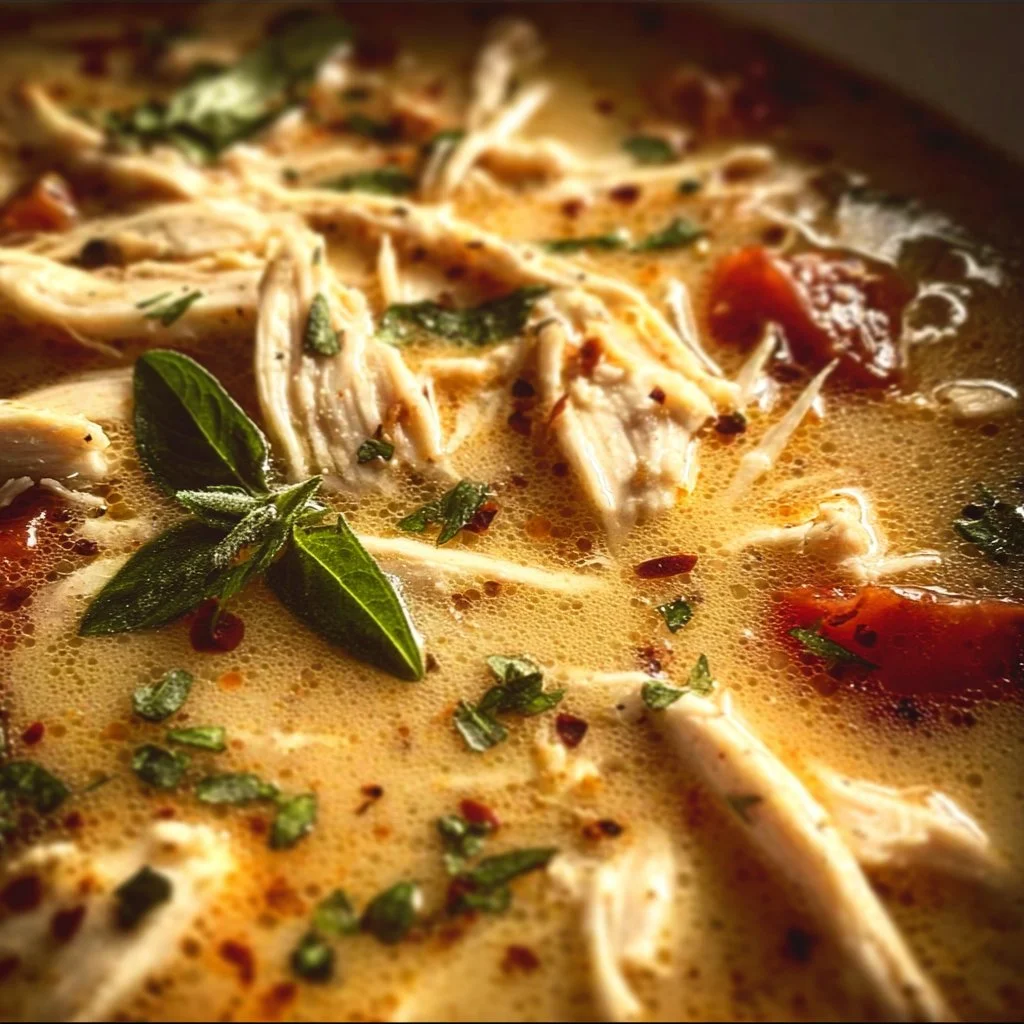Bowl of Marry Me Chicken Soup with vibrant vegetables and herbs