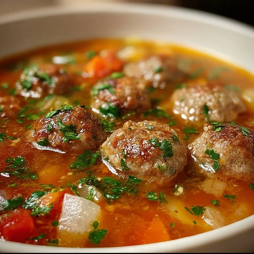 A steaming bowl of homemade Meatball Soup with fresh herbs and vegetables