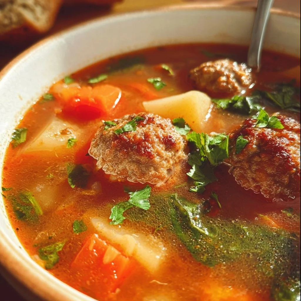 A steaming bowl of delicious Meatball Soup garnished with fresh herbs.